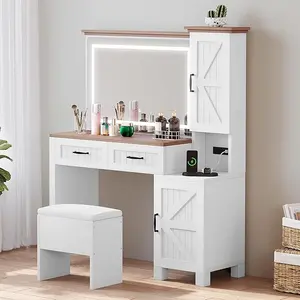 Yitahome Farmhouse Vanity, Makeup Desk with Adjustable Lighted Mirror, Charging Station, Drawers, Cabinets, and Adjustable Shelves, Modern Vanity Desk with Stool