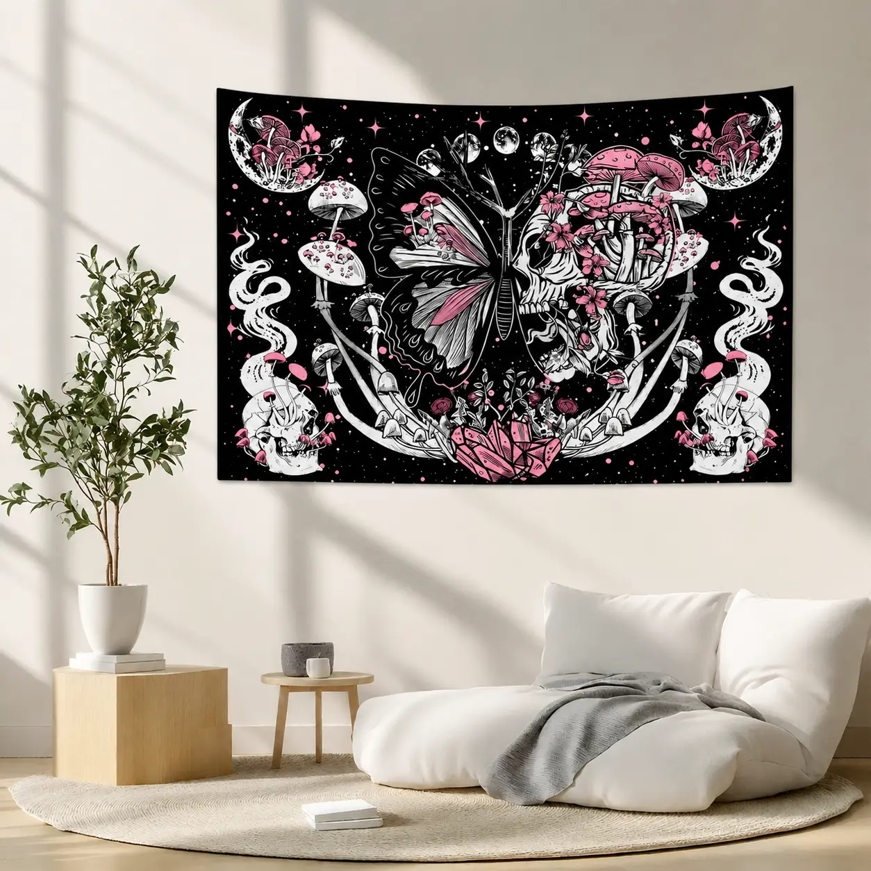 Gothic Rectangle Wall Tapestry - Butterfly, Skull, Moon, Mushroom Boho Fantasy Decorative Art, All Over Print Black Pink Boho Wall Hanging, Bedroom Decor for Dorm Room Aesthetic Home Decoration