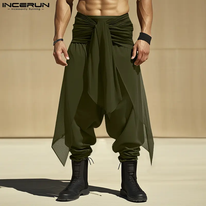 INCERUN Unisex Chiffon Samurai Harem Trousers - Asian-Inspired, Aesthetic, Alt-Fashion, Button-Free, Ethnic Chic, Flexible, Loose Flowy Drape Wrap Menswear Casual Outdoor Streetwear Bottoms, Trouser, Wrap Drape, Woven, S