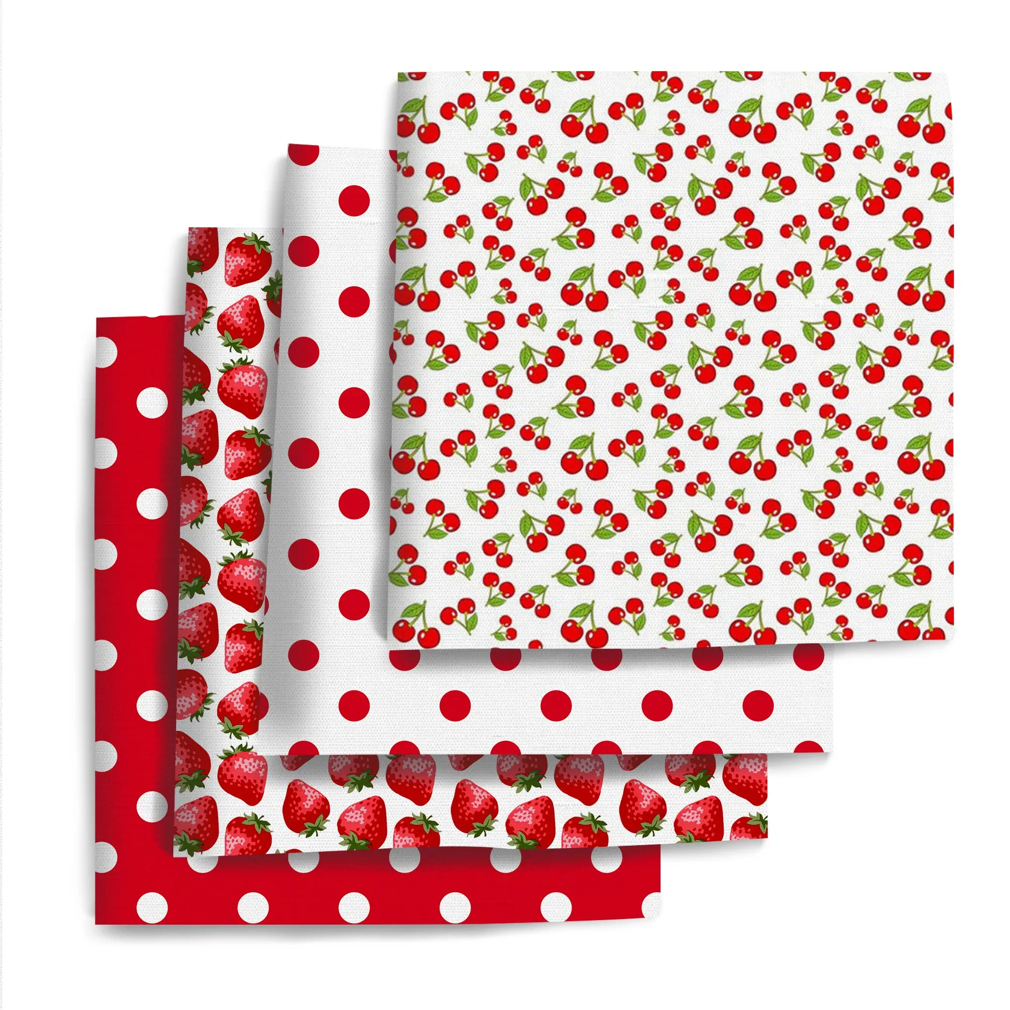 4-Piece 7.8"x7.8" Strawberry Peach Pattern Fabric Set, Home Textile, Polka Dot Pattern Plain Weave Handmade Home Decor DIY Material, Cute Fruit Decoration Style