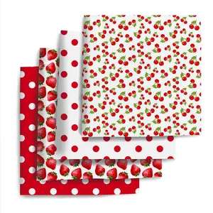 4-Piece 7.8"x7.8" Strawberry Peach Pattern Fabric Set, Home Textile, Polka Dot Pattern Plain Weave Handmade Home Decor DIY Material, Cute Fruit Decoration Style
