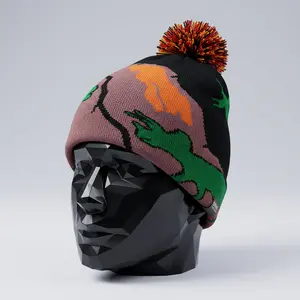 Dinosaurs Handcrafted Beanie with T-Rex Triceratops Volcano Scene Pterodactyl Lava Pom Knitted for Warmth and Comfort One Size Fits Most