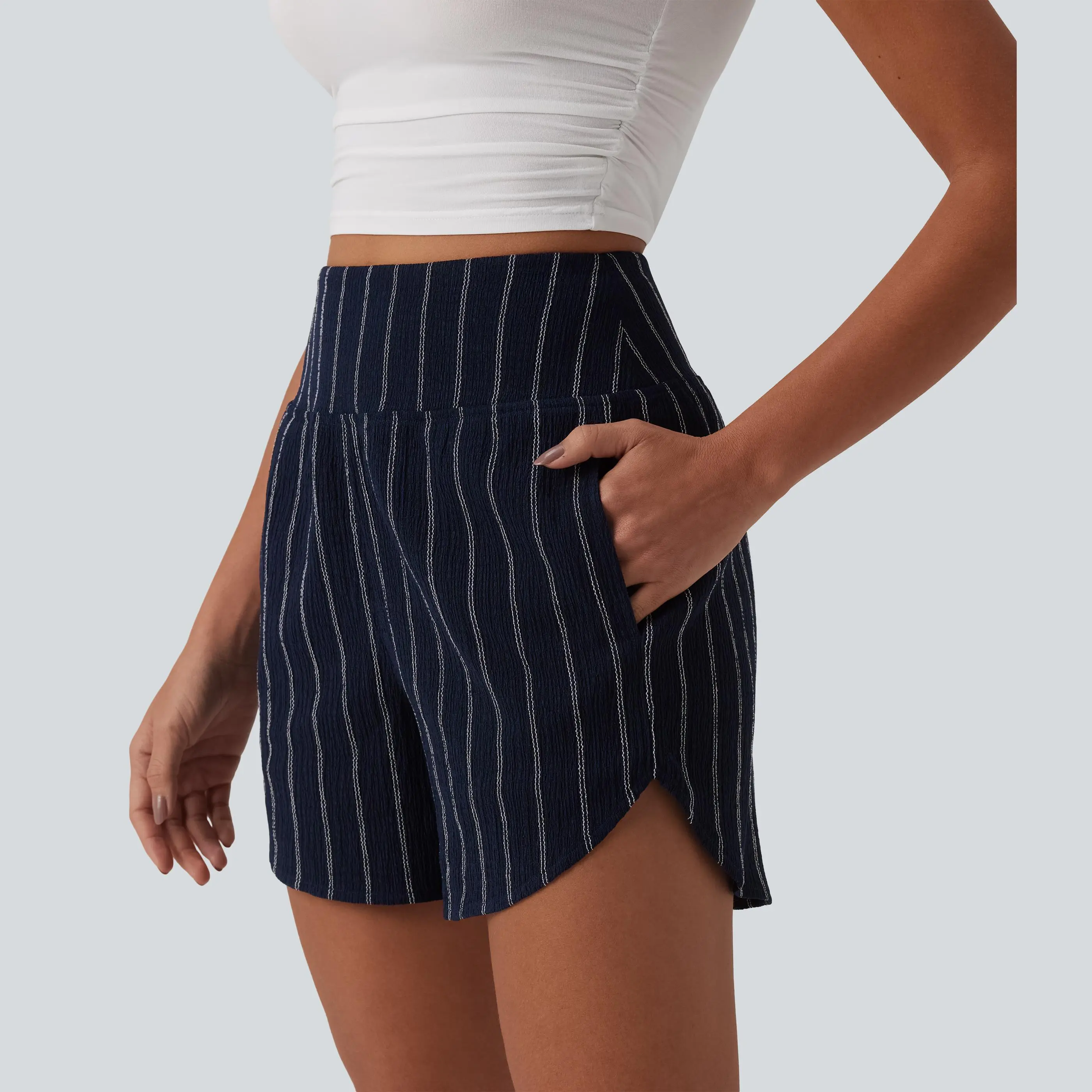 Halara High Waisted Curved Hem Stripe Casual Shorts with Pockets