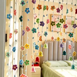 Danish Pastel Crochet Floral Door Curtain, Handmade Knitted Flower Garland for Bedroom Decor, Aesthetic Room Hanging Ornaments