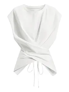 Women's Knitted Round Neck Drop Shoulder Sleeve T-Shirt, Fashion Casual Asymmetrical Ruched Cross Cutout Back Tie Top,Spring&Summer break outfit idea,tiktokmademebuyit, Womenswear