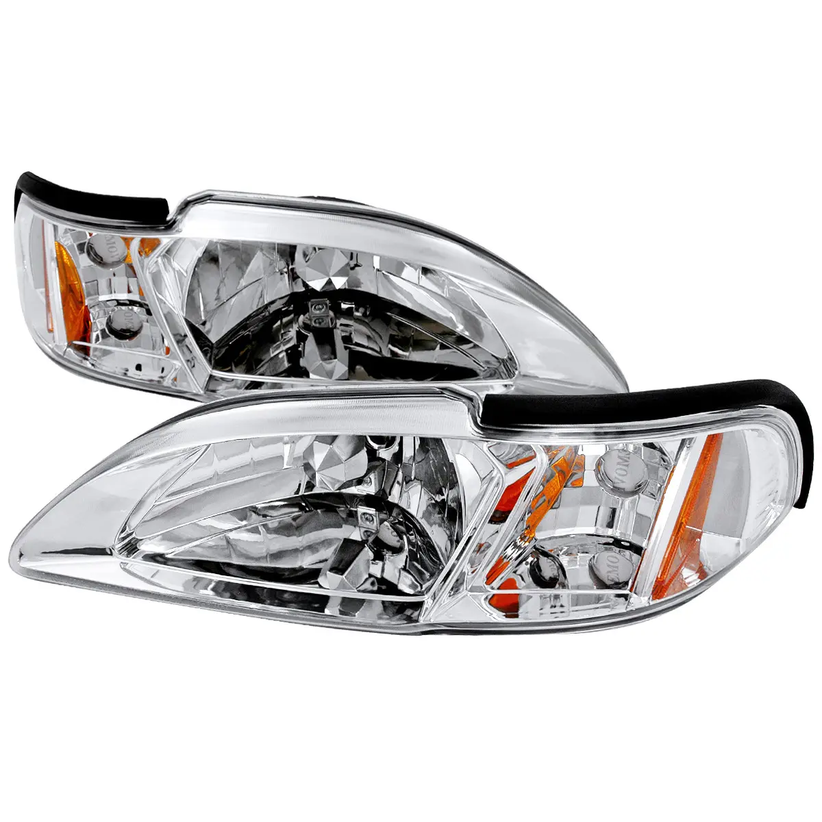 1994-1998 Mustang 1PC Crystal Headlights w/ Amber Reflectors (Chrome Housing/Clear Lens) 1994-1998 Mustang 1PC Crystal Headlights w/ Amber Reflectors (Chrome Housing/Clear Lens)