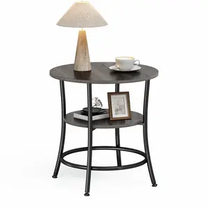 2-Tier Round Nightstand with Steel Frame, 21.7" Rustic Brown Side Table with Storage Shelf for Living Room, Bedroom, and Small Spaces