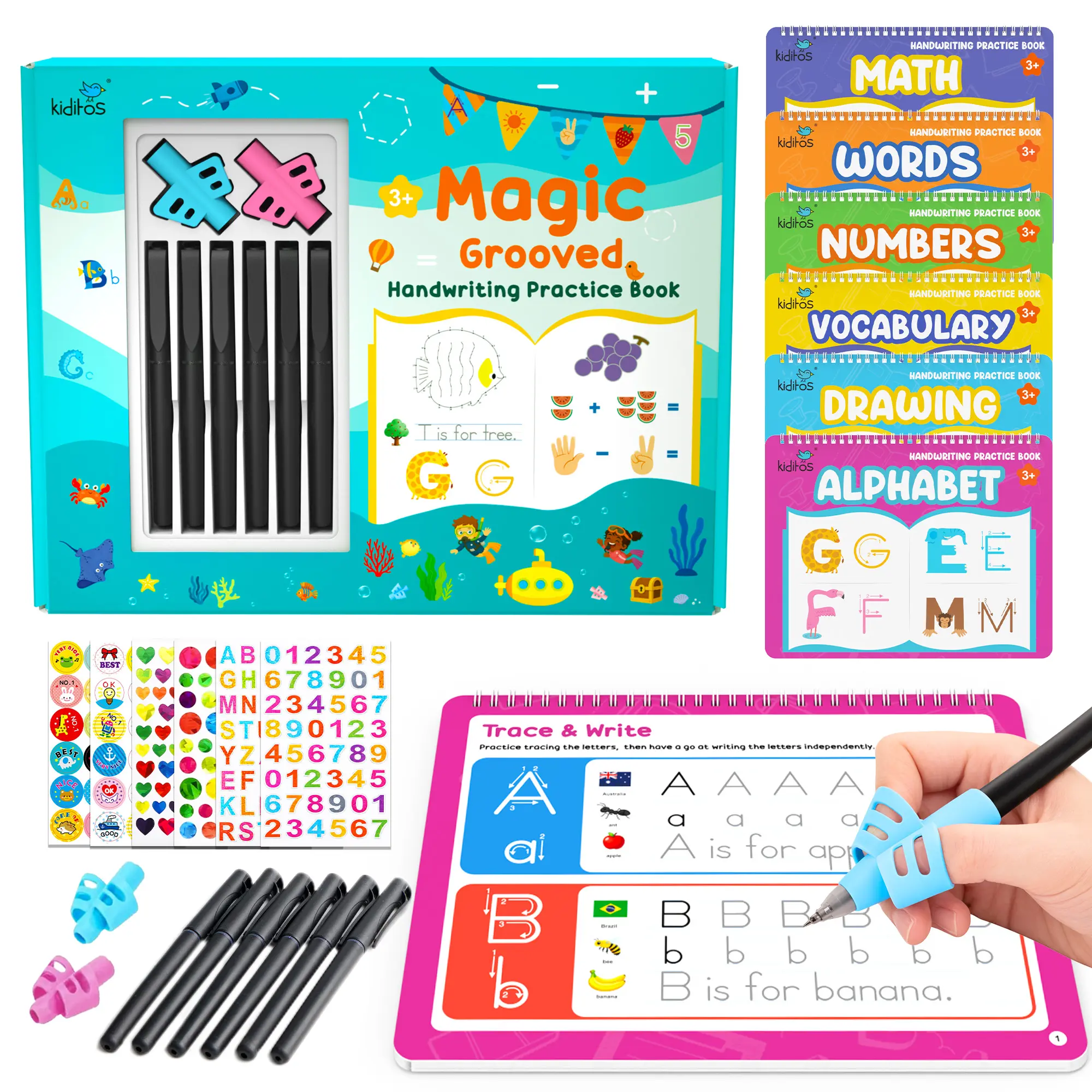 Kiditos Magic Grooved Reusable Handwriting Workbooks (6-Book Set) for Preschoolers - Letter, Number, Math Tracing with Disappearing Ink, Fine Motor Skills Development, Back to School, Holidays, Birthdays Compact Educational Language Toy Supplies