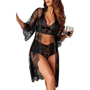 Women Sexy Lingerie Set 3 Piece Bra and Panty Sets with Lace Kimono Robe Sleepwear Mesh Nightgown