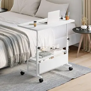 31.5in Long Rolling Side Table, Height Adjustable Mobile Laptop Desk with Lockable Wheels, Portable End Table for Couch Bedroom, 2-Tier Storage, Rust Brown/Black/White