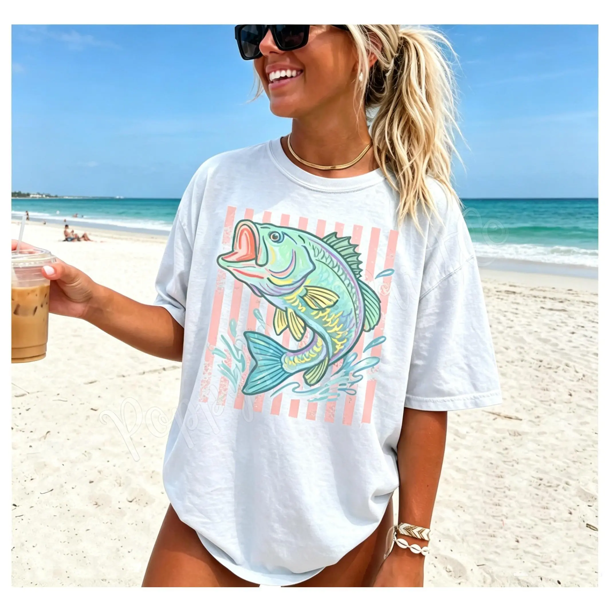 Bass Fish Beach Graphic T-Shirt, Retro Preppy Striped Fishing Tee, Summer Coastal Aesthetic Oversized Casual Top, Beach Vacation Outfit