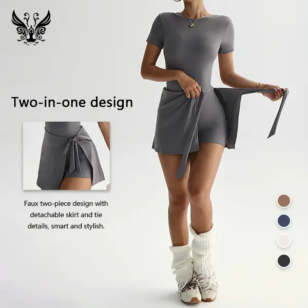 Women's 2-Piece Short-Sleeve Skort Jumpsuit - Slimming, Figure-Flattering, Anti-Exposure Athletic Jumpsuits - Stylish Women's Wear Fashion Clothing Outfits for Daily Streetwear, Travel