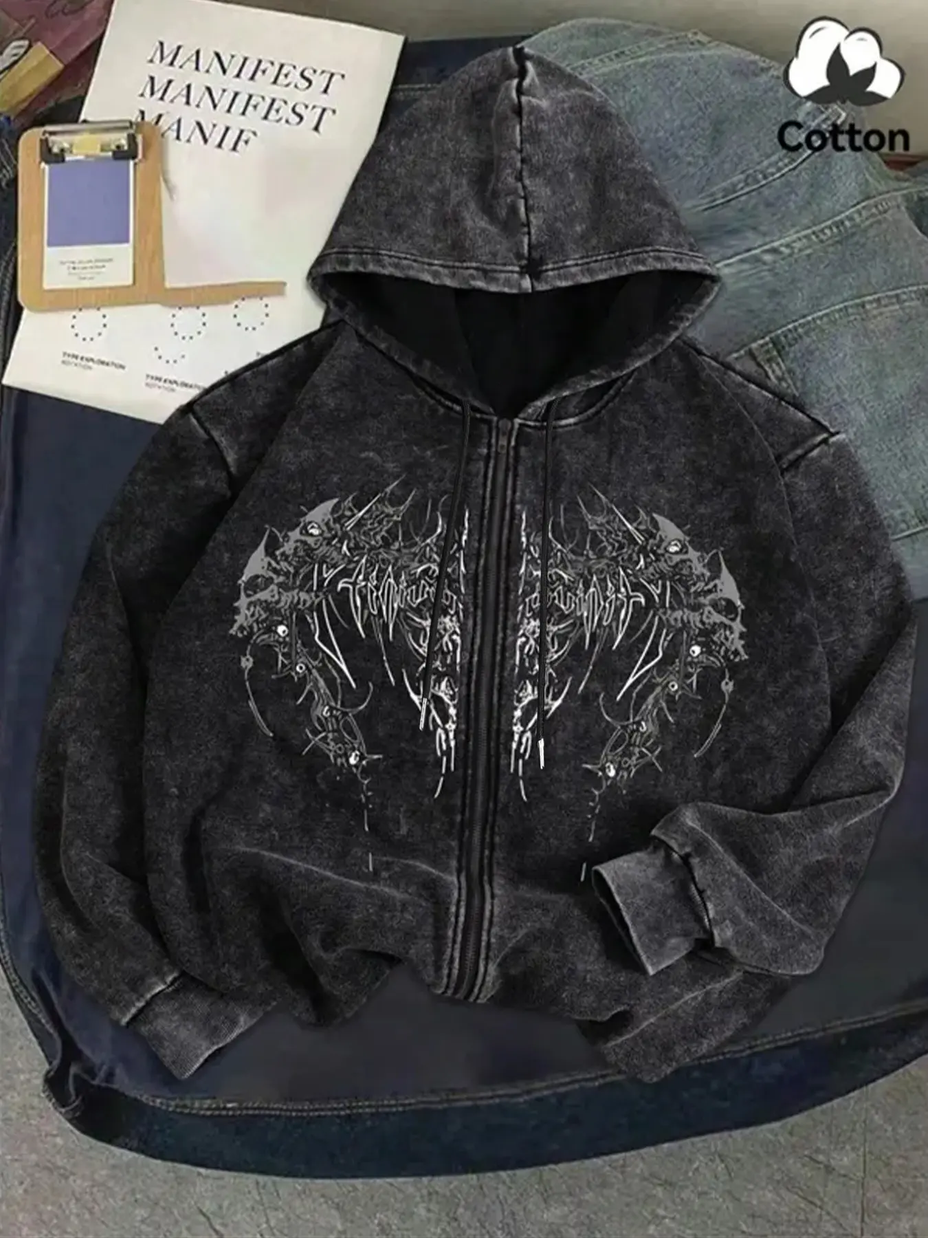 Oversized Cotton Distressed Zip-Up Long Sleeve Hoodie | Dark Thorn Graphic Print | Relaxed Baggy Fit | #MetalAesthetic Streetwear for Daily Casual, Night Hangouts & Urban Street Styling | Graphic Hoodies