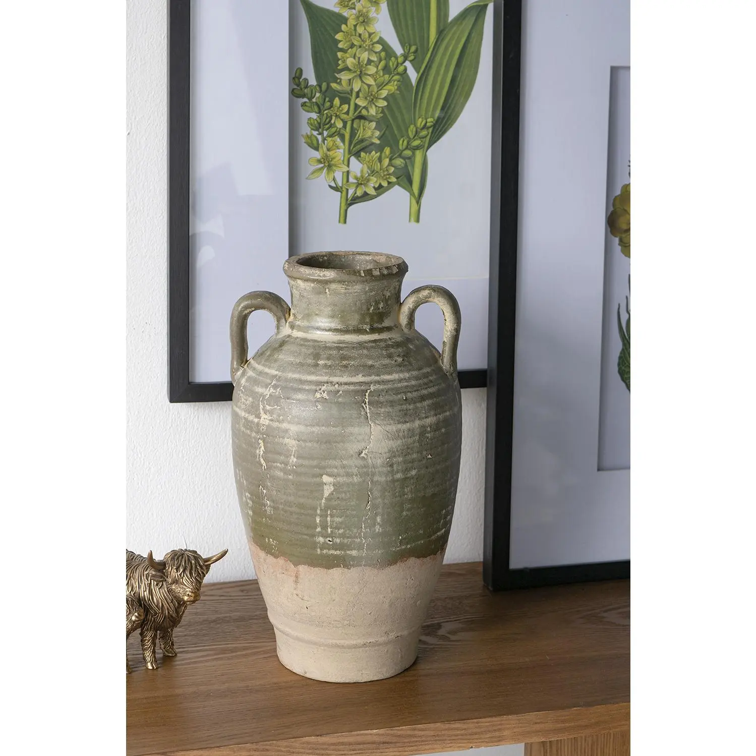 Terracotta Amphora Vase with Aged Green Finish, 15.7-Inch Curved Silhouette for Farmhouse & Wabi-Sabi Decor
