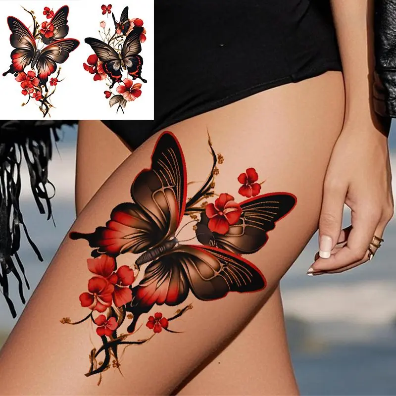 2 Waterproof Butterfly and Peach Blossom Temporary Tattoos, Realistic Design for Arm and Leg, Perfect for Adult Festivals and Parties, Aesthetic Tattoo Merch, Tattoo Sticker, Fake Tattoo