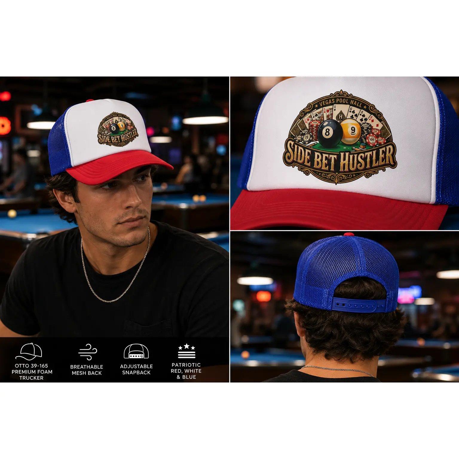 Side Bet Hustler Patriotic Billiards Trucker Hat – Pool Player Foam Snapback Cap | OTTO 39-165