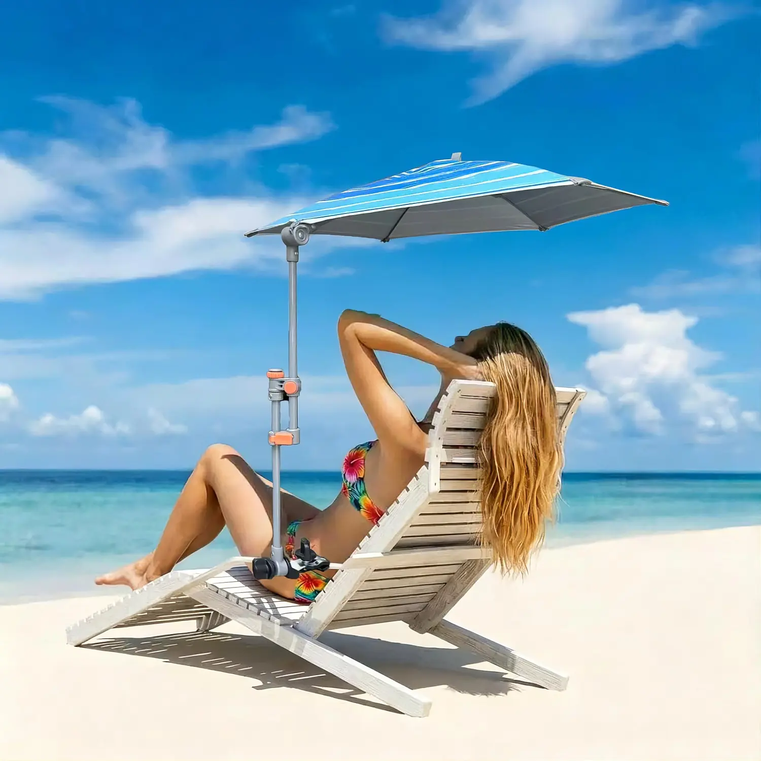 LOTTAFUN Chair Umbrella with Clamp Adjustable Umbrella UPF 50+ with Universal Clamp for Beach Chair, Golf Cart, Wheelchair, Stroller, Bleacher, Patio,Camping cart,Baby stroller Blue Wave Stripe