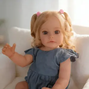 22 Inch 55cm Realistic Reborn Baby Doll Full Vinyl Body Girl Doll with Long Hair Feeding Set Hand Applied Synthetic Wig  Doll Accessories Soft Cuddly Gift
