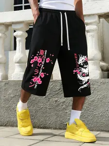 Men's Harajuku Style Dragon Cherry Blossom Pattern Shorts, Loose Elastic Waist Daily Wear, Spring Summer Casual Street Capri Pants