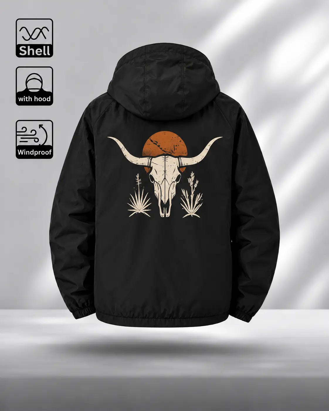 Western Longhorn Windbreaker Jacket with Hood, Zip-Up Shell with Cattle Skull and Desert Plants Back Print, Retro Style