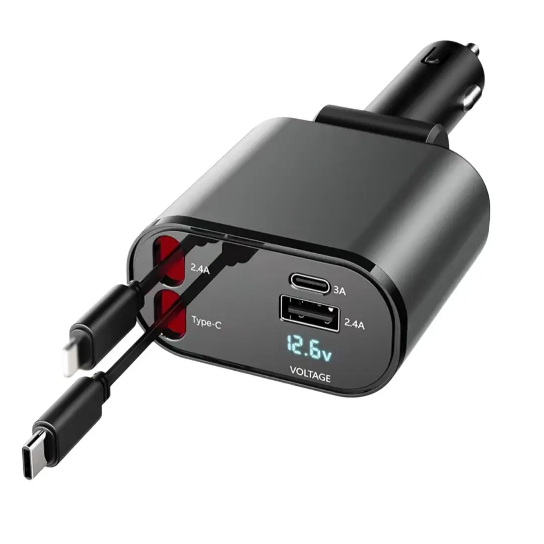 4 in 1 Retractable Fast Car Charger, High Speed Charger, Dual Stretch Cables(Type-C + Lightning) + USB-A & Type-C Ports, LED Digital Voltage Display Multi-Device Car Phone Charger Adapter for iPhone Android USB Smart Charger USB C Car Charger