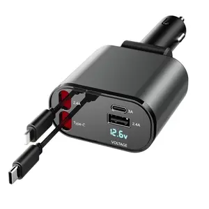 4 in 1 Retractable Fast Car Charger, Dual Stretch Cables(Type-C + Lightning) + USB-A & Type-C Ports, LED Digital Voltage Display Multi-Device Super Quick Charge Car Phone Charger Adapter for iPhone Android USB Smart Charger USB C Car Charger Fast Charging