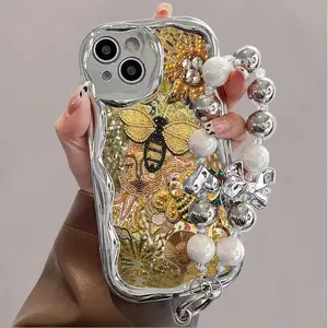 Silver Electroplated Curved Edge Pattern Phone Case with Pearl Bracelet Lanyard Design, Drop-Resistant, Durable, Unique Pattern, Compatible with iPhone 16 15 14 13 12 11 Pro Promax 16 15 14 plus Cute Fashion Thick Shockproof Phone Case
