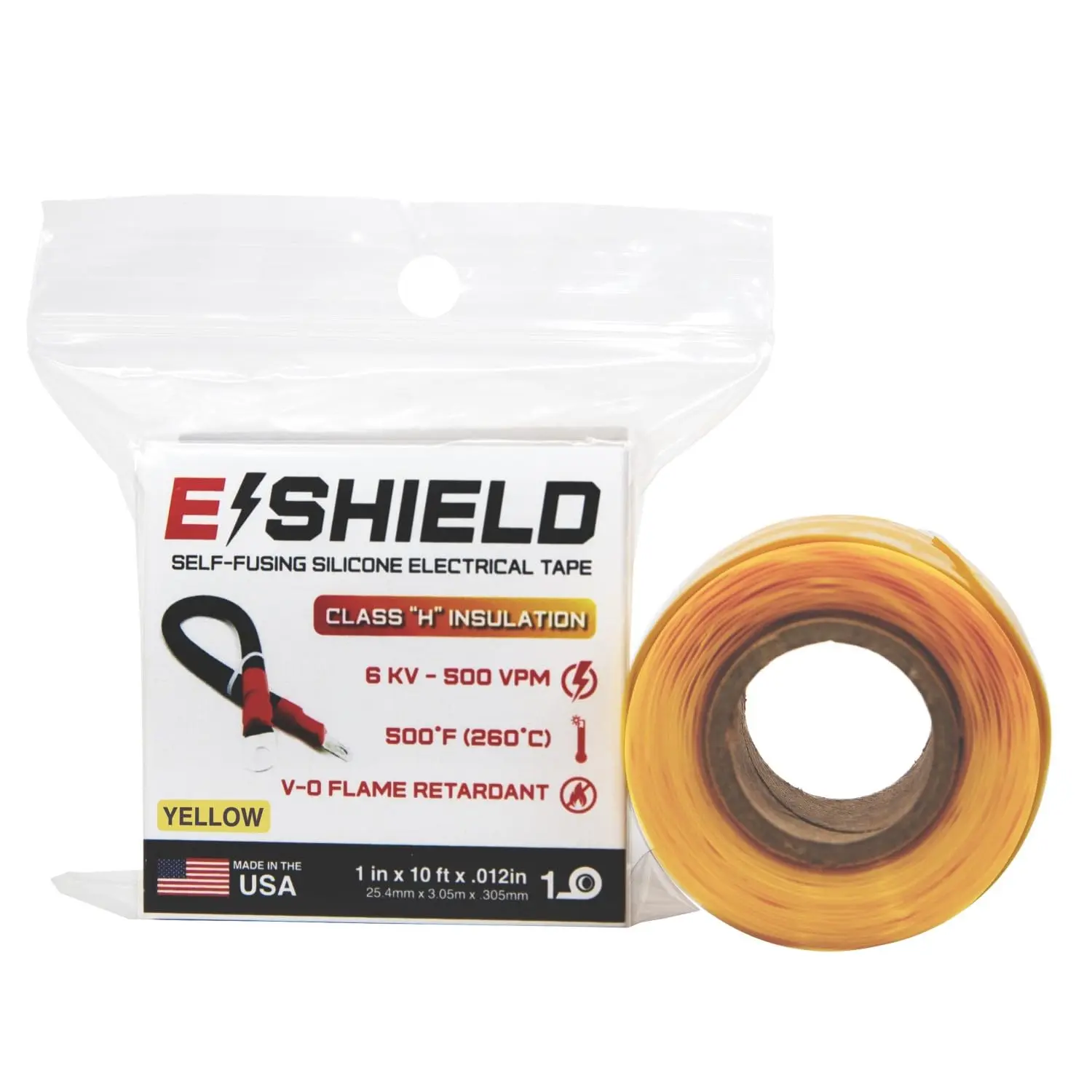 E-Shield Self-Fusing  Electrical Tape, Adhesive-Free, Arc & Track Resistant Electrical Insulation Wrap, , Heat Resistant Up to 500F, Non-Sticky, 1" x 10' x 12mil, Yellow