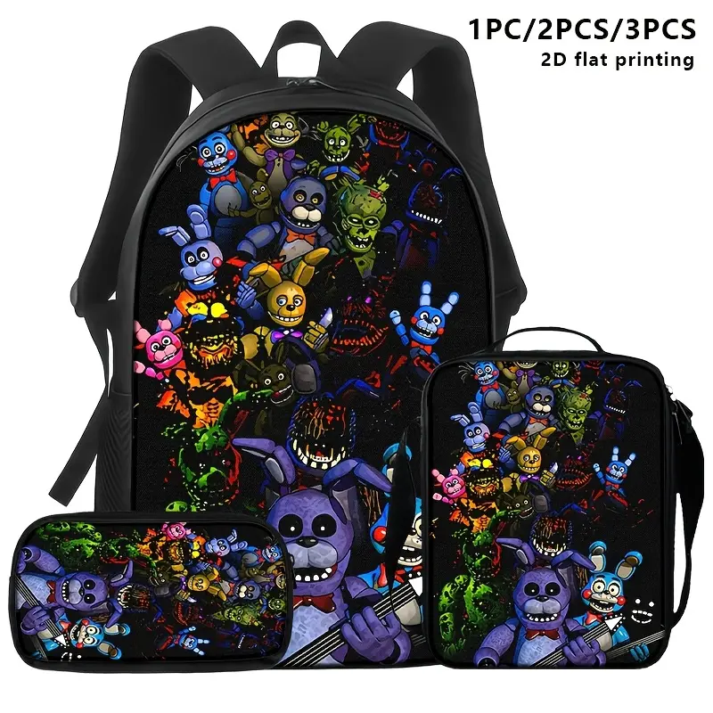 Five Nights at Freddy's 3-Piece Backpack Set, Animatronics Collage Print School Bag + Lunch Bag + Pencil Case, Oxford Cloth Adjustable Strap Daypack for Horror Game Fans & Kids