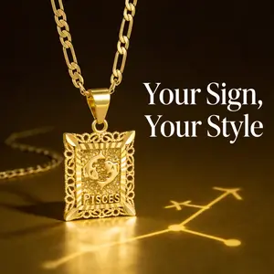 KissYan Zodiac Pendant Necklace for Women Men, 14K Gold Plated Square Constellation Sign Horoscope Figaro Chain Jewelry Birthday Gift Valentine's Day Gifts