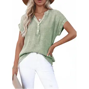 Dokotoo Women's Summer 2026 Boho Tops Casual Button Short Sleeve V Neck Shirts Solid Cotton Blouses Dokotoo Women's Summer 2026 Boho Tops Casual Button Short Sleeve V Neck Shirts Solid Cotton Blouses