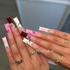 Bowtie Nailbox | Romantic Gothic Burgundy & Pink Ombre Flower Art Luxury Handmade Reusable Press On Nails Gel Nail Extra Long Square Coquette Trendy Glossy Design 2025 High Conversion
