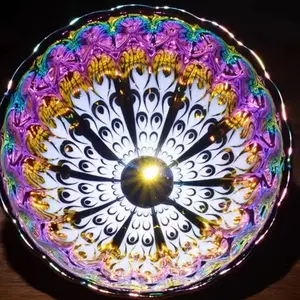 Iridescence Peacock Feather Jianzhan Cup - Color-Shifting Glaze Artware with Intricate Peacock Feather Patterns & Wavy Scalloped Edge for Special Occasions