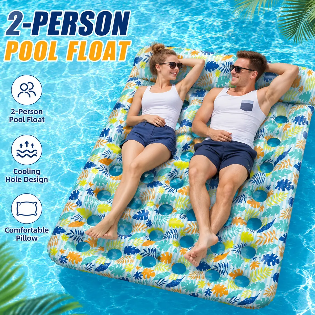 2-Person Inflatable Pool Float Mat with Leaf Print Design, Inflatable Floater, Inflatable Pool Floaters, Large Adult Floating Raft with Headrest and Holes Bottom, PVC Water Lounger, Summer Floating Mat for Couples and Friends, for Swimming Pool, Beach