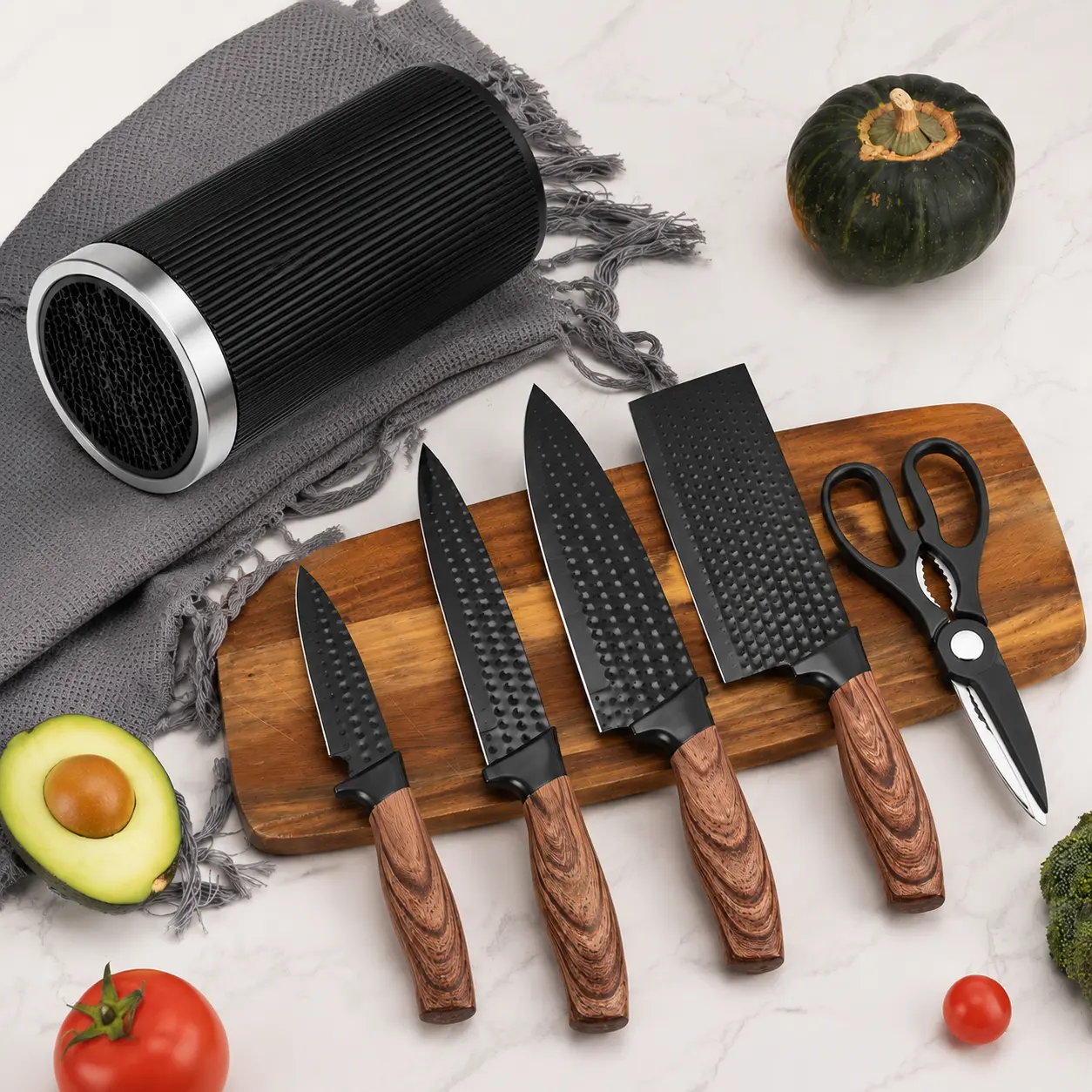 Stainless Steel Knife Set 6-Piece Chef Kitchen Knife Set Sharp Carving Knife With Universal Knife Block Anti-Rust Cutlery Set for Home Kitchen Cooking Black