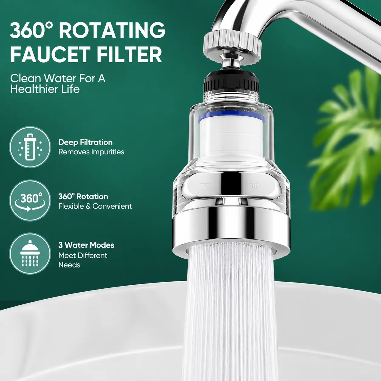 Kitchen Sink Tap Water Filter Sprayer - 1 Count, 360° Rotates, 3 Water Modes, 6-Layer Dense Filters, Purifies for Home Kitchen Fixtures Use