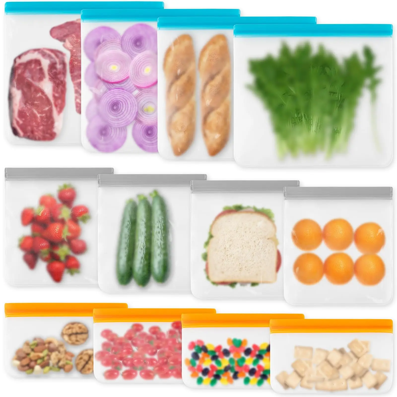 12 Pack Reusable Ziplock Bags,Silicone Bags Freezer Storage,Reusable Sandwich Bags,Freezable Snack Bag for Storing Meat Lunch Fruit Veggies Snack Make-up(4 Small + 4 Medium+ 4 Large)