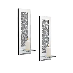Silver Mirrored Rectangle Crystal Crush Diamond Wall Candle Holder Set (2-Piece) - Sconces with Light for Living Room, Bedroom Home Decor, Interior Decoration Accessories