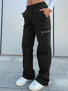 Women's Solid Zipper Pocket Cargo Pants, Casual Street Fashion Trousers for Daily Wear, Ladies Bottoms for Fall