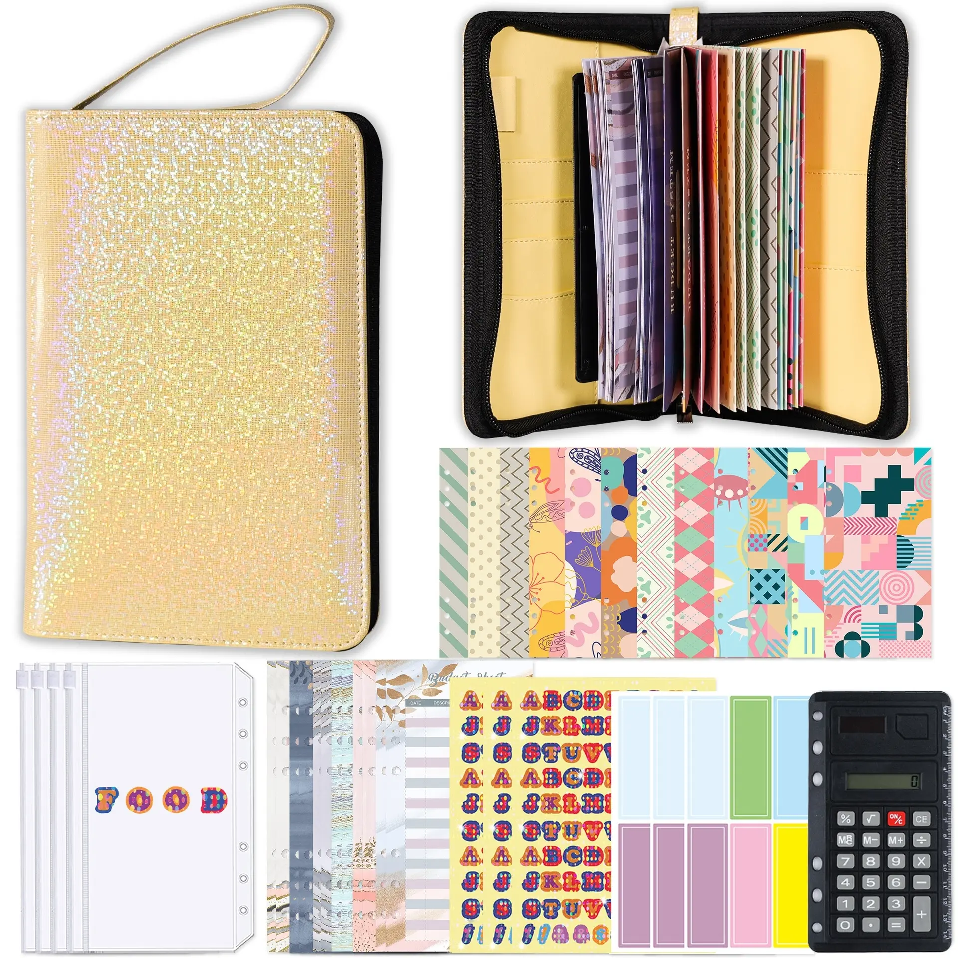 Multifunctional PU Handheld Zipper Bag Cash Budget Book, Savings Binder, A6 Ring Binder Account Notebook, 12 Envelopes, 4 Money Bags, 1 Calculator