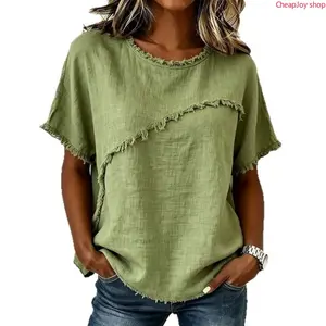 【Summervibes】2026 New Women Crew Neck Short Sleeve Top, Trendy Raw Edge Panel Blouse, Loose Casual Summer Shirt, Stylish Versatile Apparel, Fashion Daily Wear Perfect for Street Style, Shopping Trips and Outdoor Activities