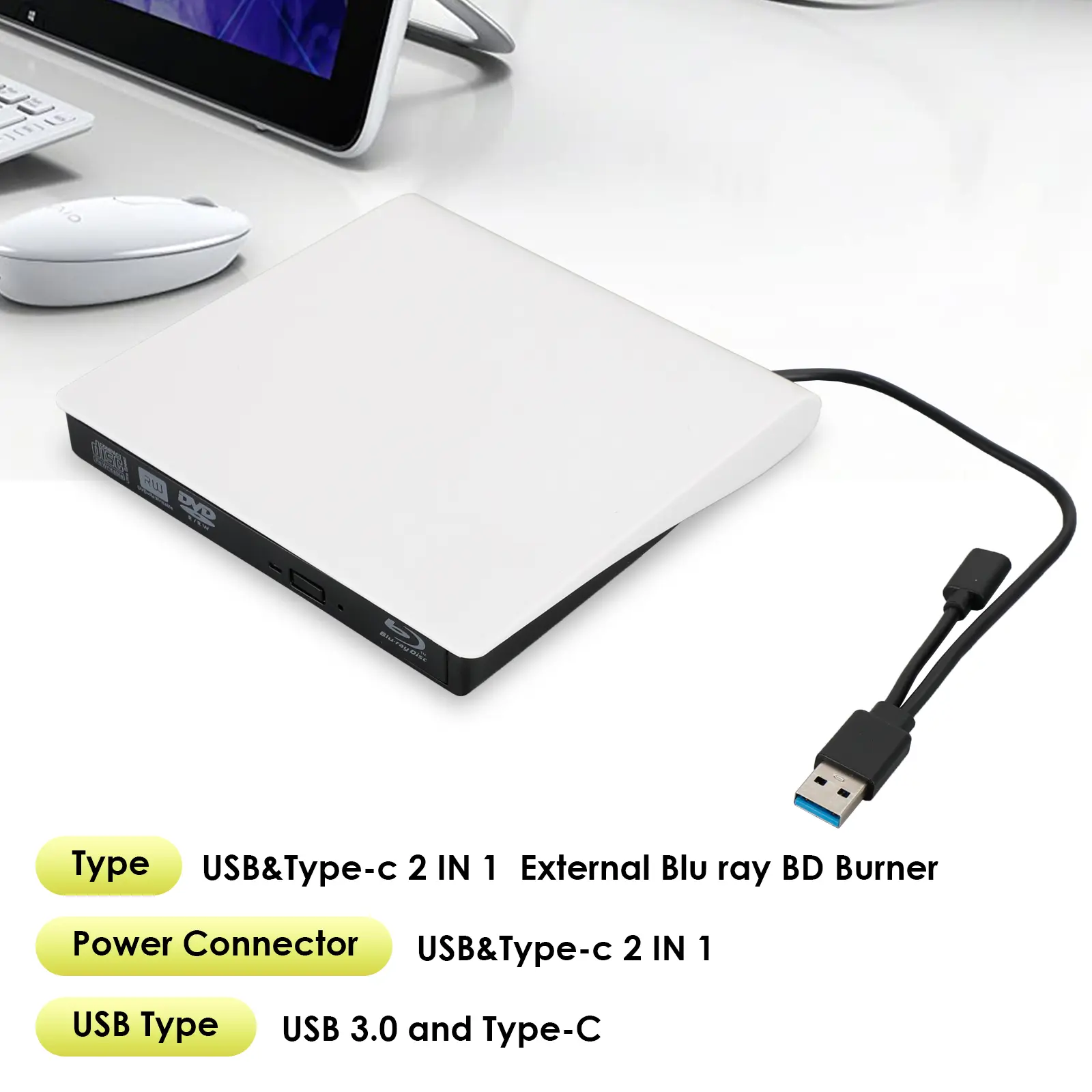 2 IN 1 USB&Type-c External Disc Writer + Reader Burner for Windows Mac