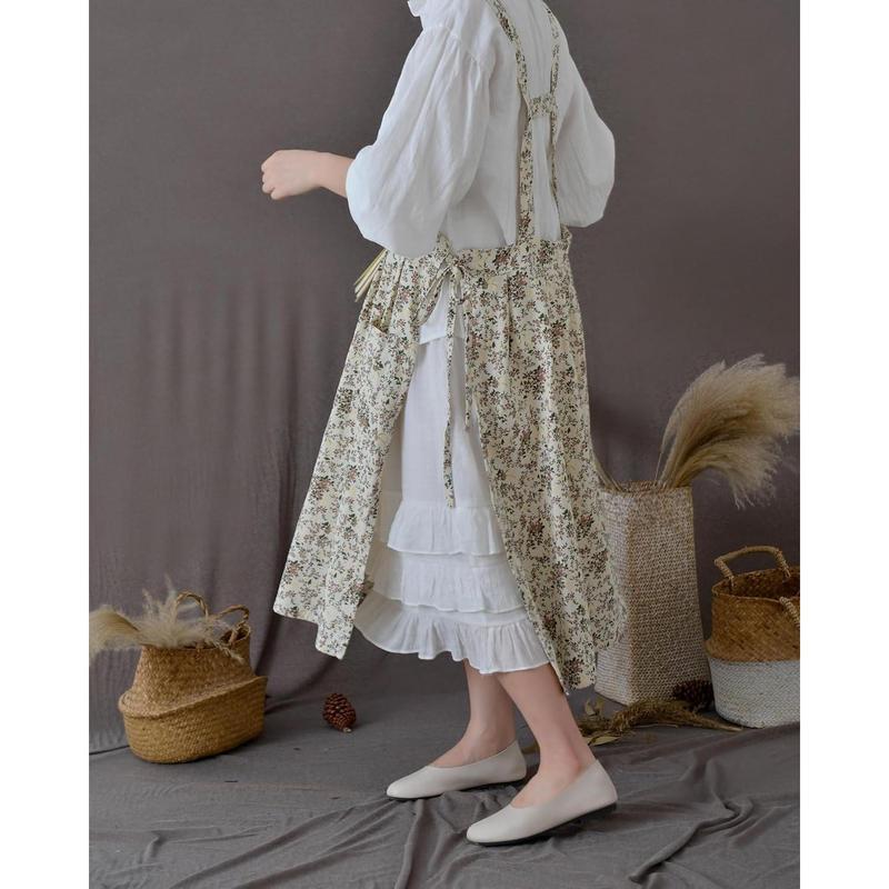 Women's Floral Cotton Waterproof Adjustable Kitchen Apron with Pockets, Vintage Pinafore for Cooking Baking, Washable Craft Gardening Apron