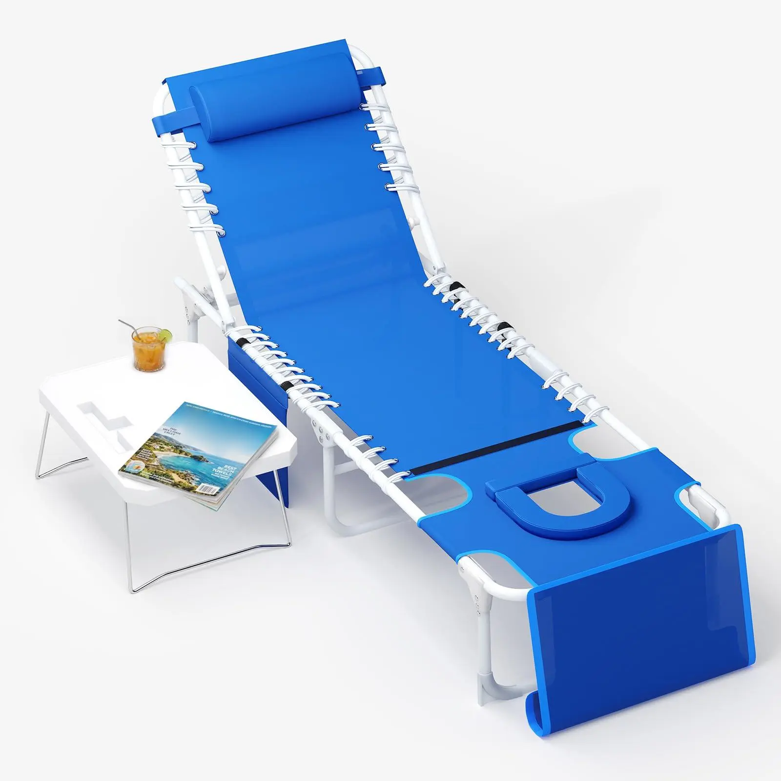 Garvee 3-in-1 Outdoor Tanning Lounge Chair with Face Hole – 5-Position Reclining, Folding Side Table, Removable Pillow – Heavy Duty Sunbathing Bench for Patio, Beach, Pool, Lawn, Supports up to 330lbs