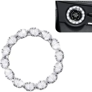 Car Bling Push Start Button Cover, Crystal Rhinestone Engine Start Stop Ring Decals for Women, Shiny Key Ignition Switch Button Accessories, Universal for Most Cars (White)