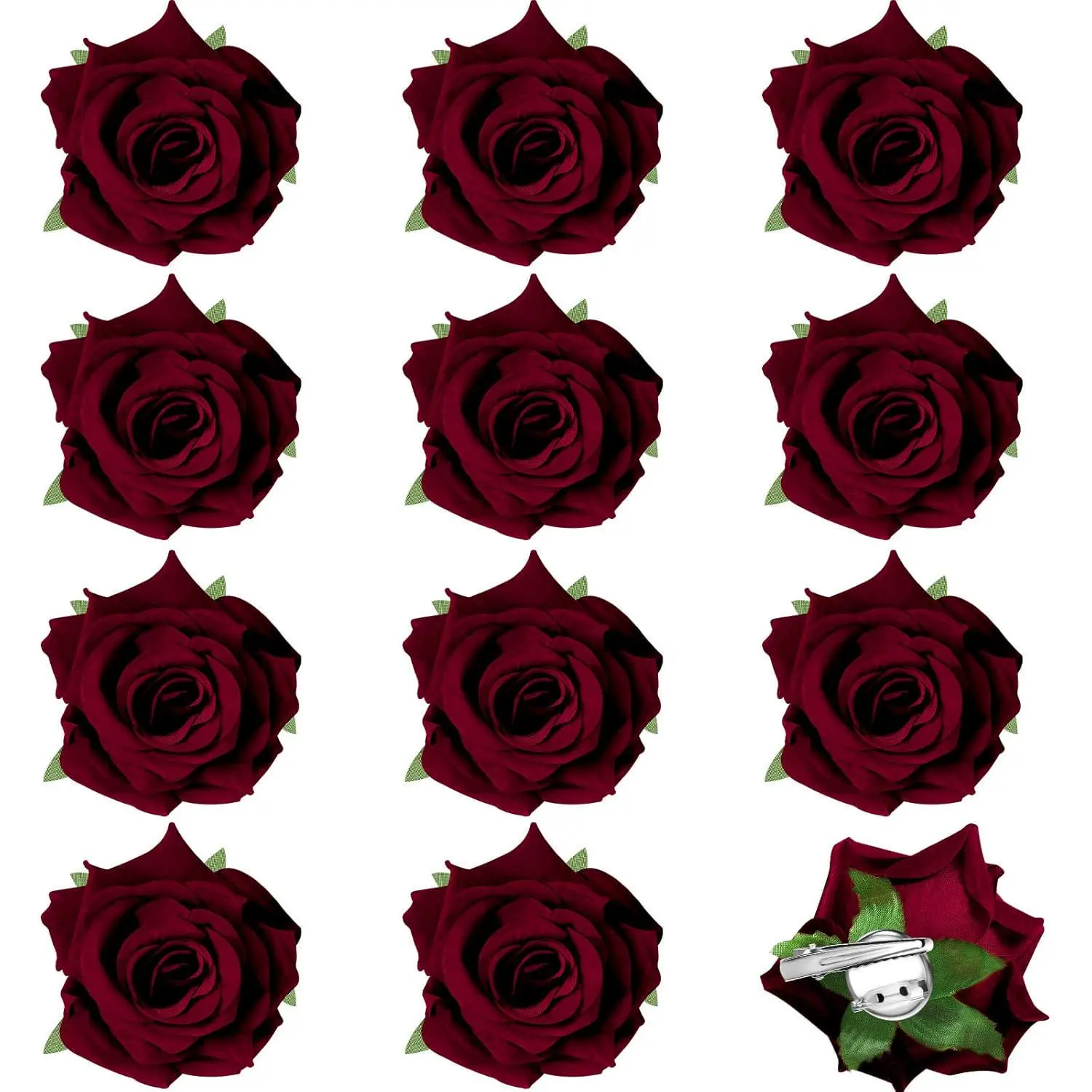 Women Girls' 12pcs 2-in-1 2.8in Wine Red Rose Shape Clip-On Hair Clip & Flower Brooch Set - Multi-Use for Party, Daily Wear, Wedding Bridal Styling