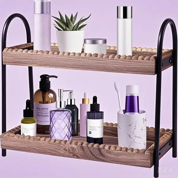2 Tier Wooden Storage Shelf, Organizer for Bathroom Vanity and Kitchen Countertop, Cosmetic Skincare Perfume Display Stand, Space Saving Beaded Shelf for Coffee Station Makeup Essentials