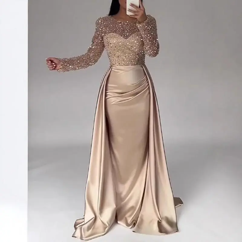 2026 Women's Banquet Long Sleeve Elegant Socialite Annual Meeting Host Queen Sequin Evening Dress with Crewneck and Basic Crewwork Design Formal