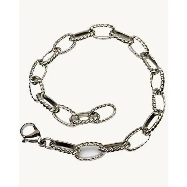 AVELI Silver Tone Stainless Steel Textured Long, Rolo Link Bracelet / Starter Charm Bracelet