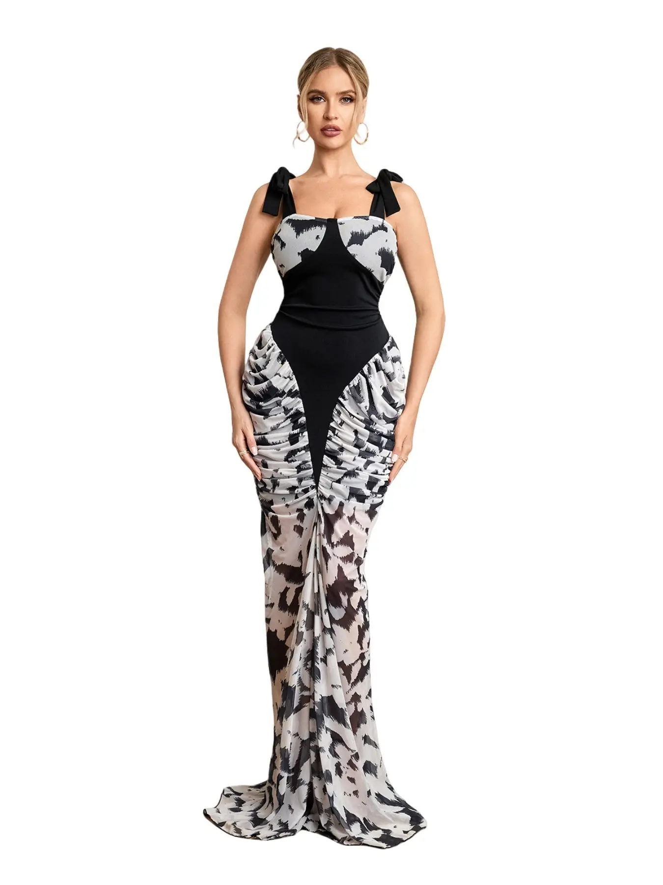 Women bowknot shoulder stacked fitted dress, ruched side maxi dresses, sleeveless slash neck dresses, printed patchwork geometric floor length dresses, Elegant Chic formal wear evening cocktail party prom dress for women, back to school